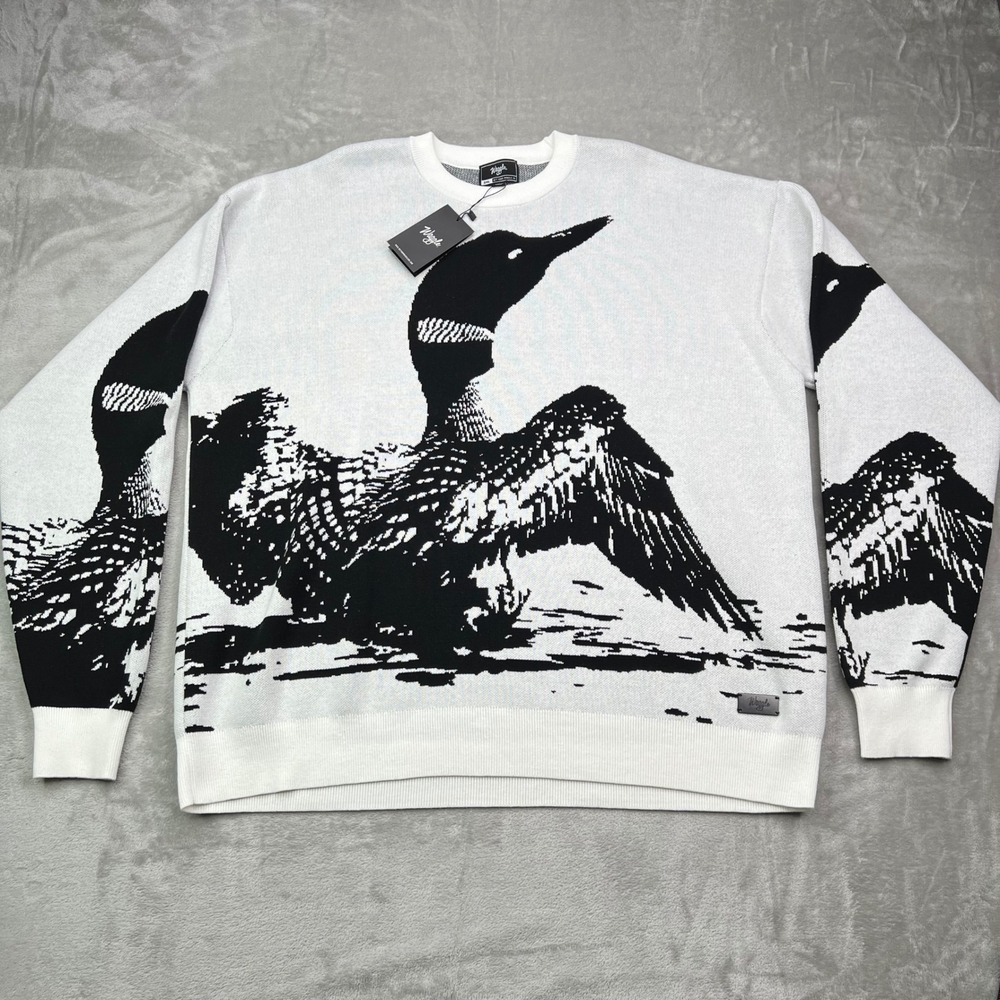 Waggle‎ Loon Call Wildknit Crewneck Sweater Mens XL White Black Bird Graphic